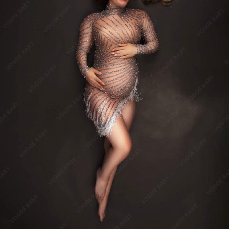 Gaun Mini Fotografi Bersalin Gaun Baby Shower Seksi Bodysuit Dewi Berlian Buatan Berkilau Alat Peraga Pemotretan Wanita Hamil