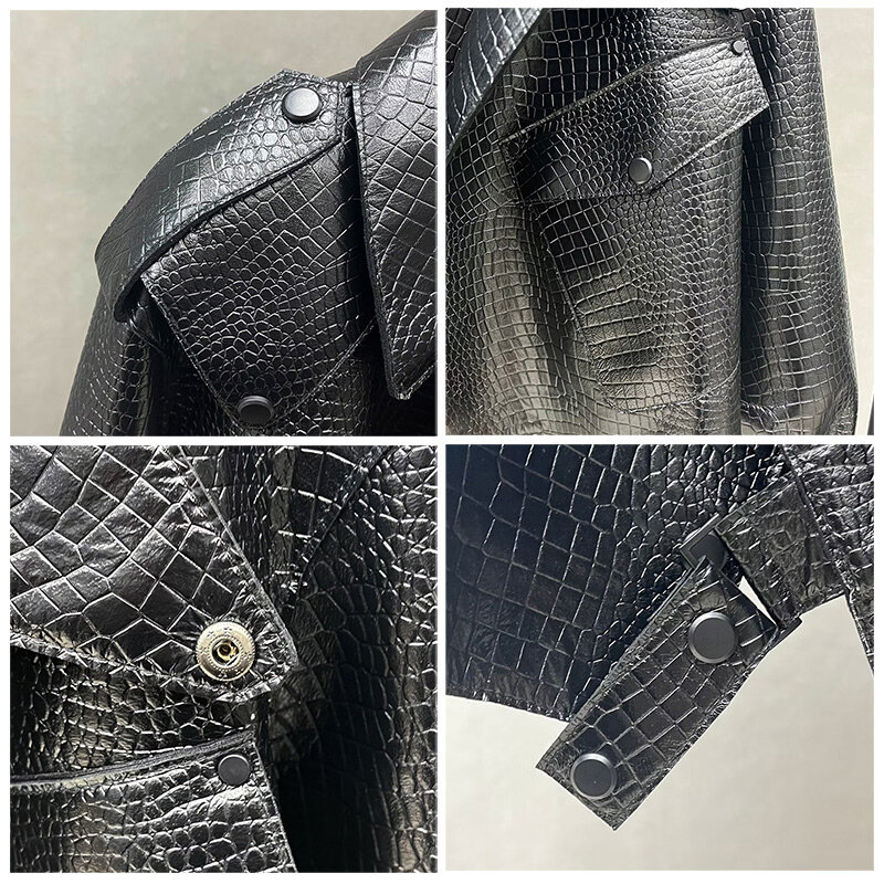 2023 New Genuine Sheepskin Leather Jacket Fashion Crocodile Pattern Leather Coat Lady Oversize Moto Biker Clothing S7547A