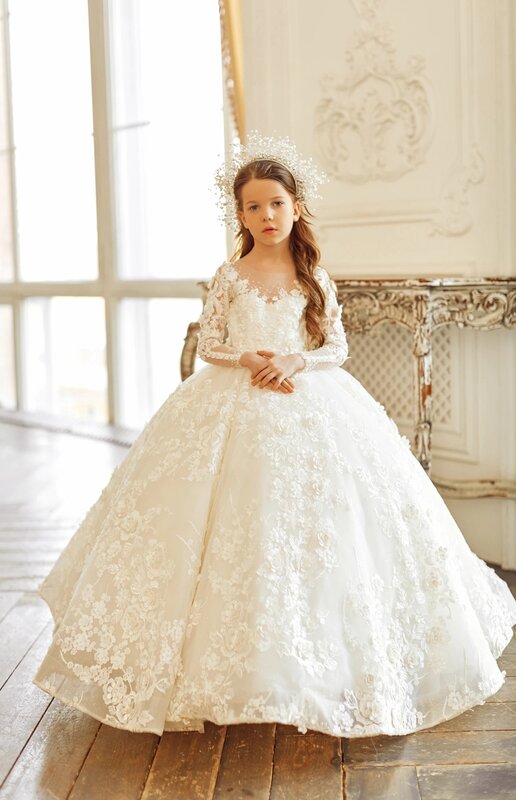 Luxurious Ivory Long Sleeve Flower Girl Dresses For Wedding Prom Party Girls Pageant Gowns Lace Floral Appliques