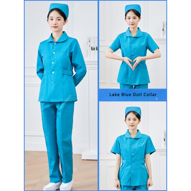 Uniformes de enfermería para mujeres y hombres, conjunto de Top y pantalón, tela fina de popelina azul marino, ropa de trabajo pequeña, S-3XL