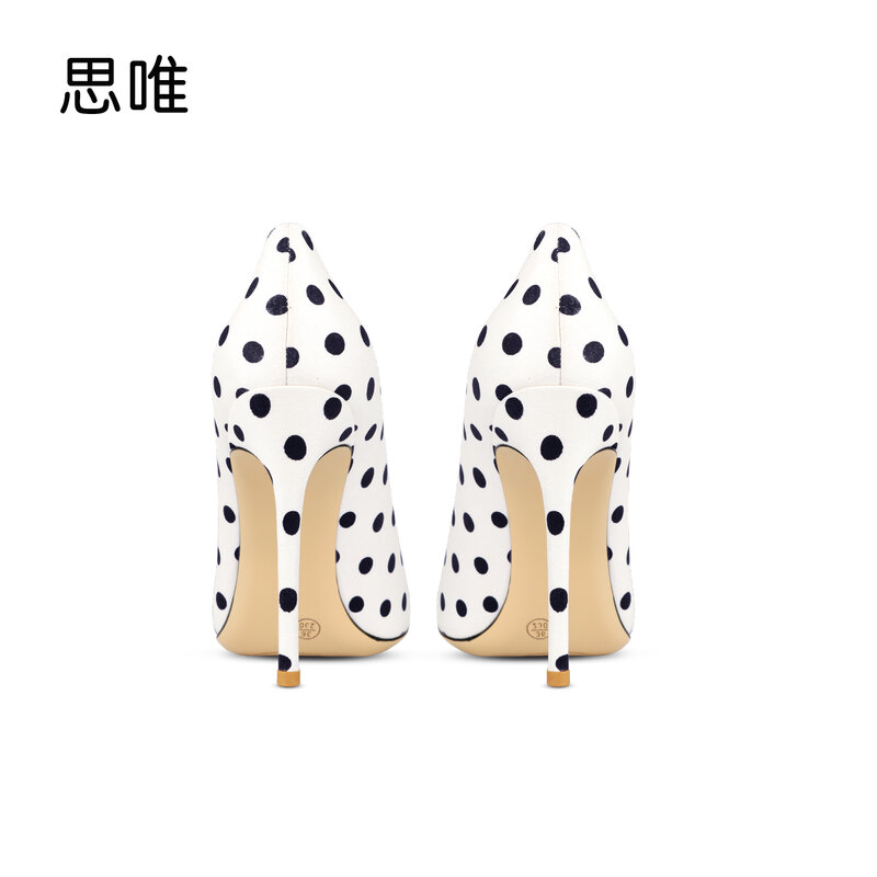 Women's Pumps Polka Dot Satin Surface Pointy Toe Thin Heels Pumps Shallow Mouth Dress Shoes Sexy Luxury Singles Shoes34-41