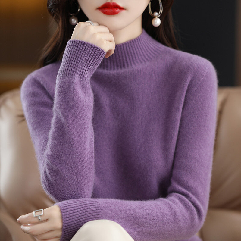 따뜻한 하프 하이 칼라 기본 니트웨어 단색 긴 소매 풀오버 스웨터 여성용, 한국 패션, 가을 겨울