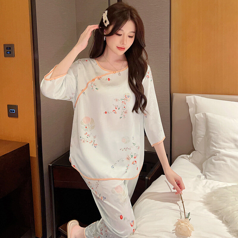 Set piyama gaya China wanita, pakaian tidur Pullover wanita, motif bunga elegan, pakaian tidur Satin, kelas atas