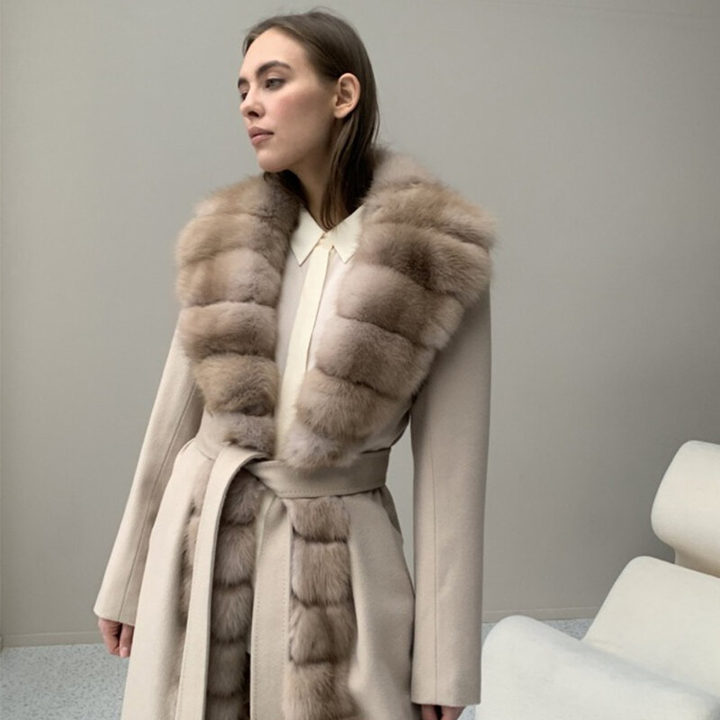 Abrigo de lana de Cachemira para mujer, chaqueta cálida de piel de zorro Natural, abrigo de piel Real de lujo para invierno