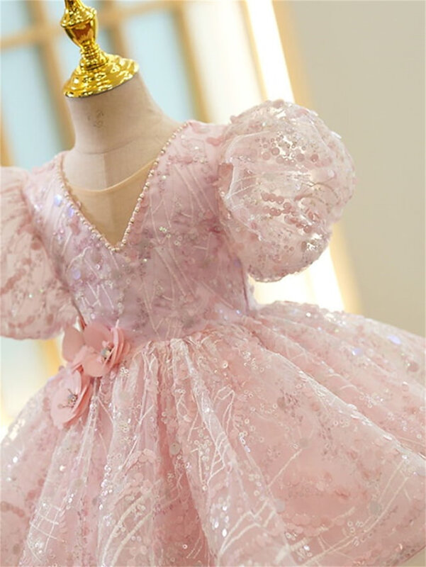 เด็ก Little Girls ชุดดอกไม้เลื่อมสายประสิทธิภาพ Sparkle สีชมพูอสมมาตรแขนสั้นเจ้าหญิงหวาน3-10ปี