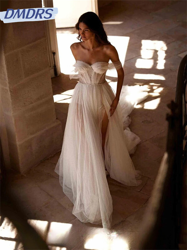 Encantador vestido de noiva fora do ombro, elegante vestido de casamento de tule, vestido até o chão, romântico, Novia, 2024