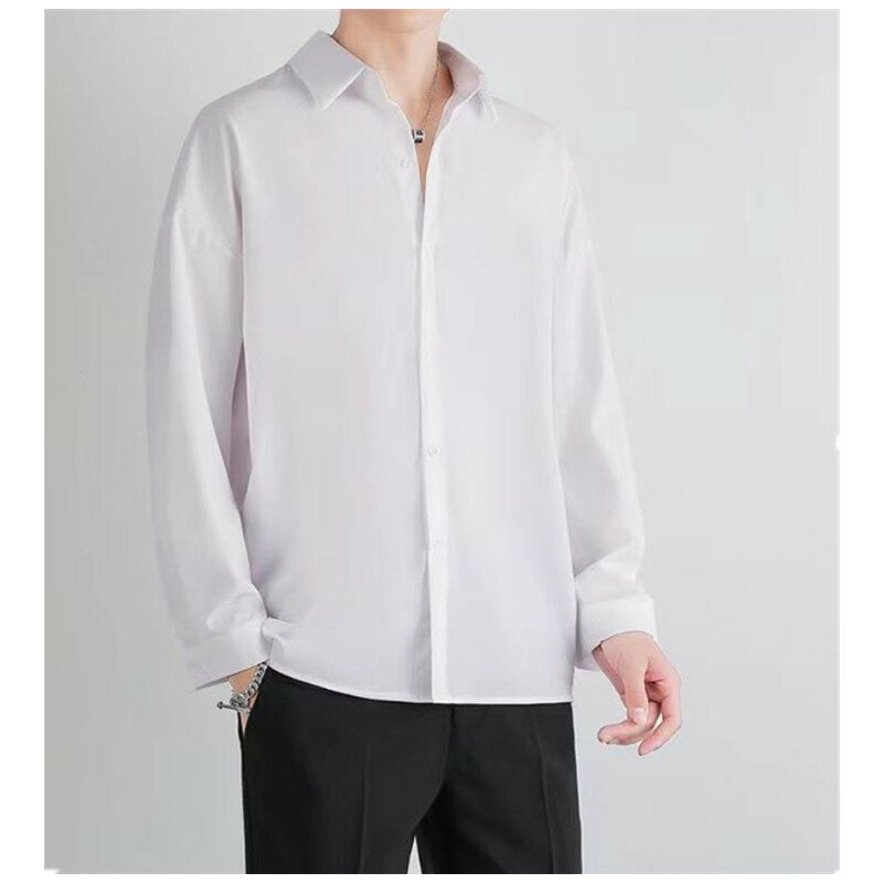 قسط الرجال الجليد الحرير قميص الربيع الصيف رقيقة فاخرة فضفاضة قميص الأعمال الكورية الصلبة العصرية كشكش رايات قميص سترة B0142