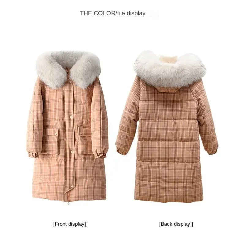 Korean New Checkered Cotton Dress Women's Hooded Wool Collar Cotton Coat 2023 Winter Mid length Thickened Warm Women's Jacket