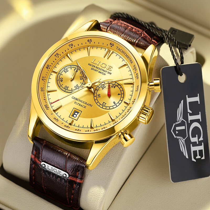 LIGE-Montre de sport à quartz chronographe pour homme, montre-bracelet militaire étanche, horloge à bracelet en cuir, marque de luxe, mode