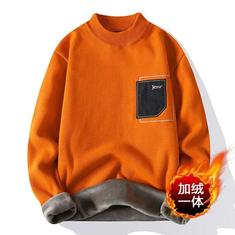 2024 Autumn/Winter New Men's Casual Half High Collar Plush Thickened Pullover Sweater Fashion Loose Korean Knitted Bottom