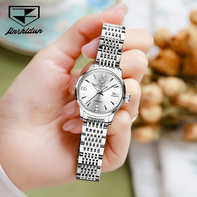 Jsdun-女性のためのクラシックな自動機械式時計,カレンダーディスプレイ,エレガント,ステンレス鋼,8943