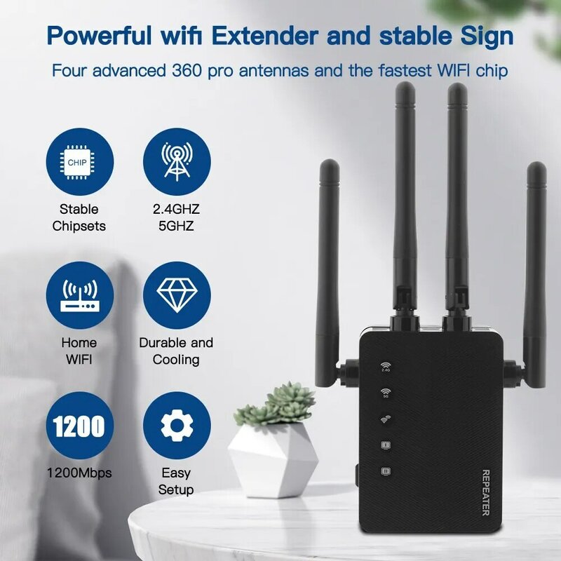 Penguat sinyal nirkabel Dual Band 1200Mbps, Repeater Wi-Fi jaringan 2.4G 5GHz jarak jauh untuk kantor rumah