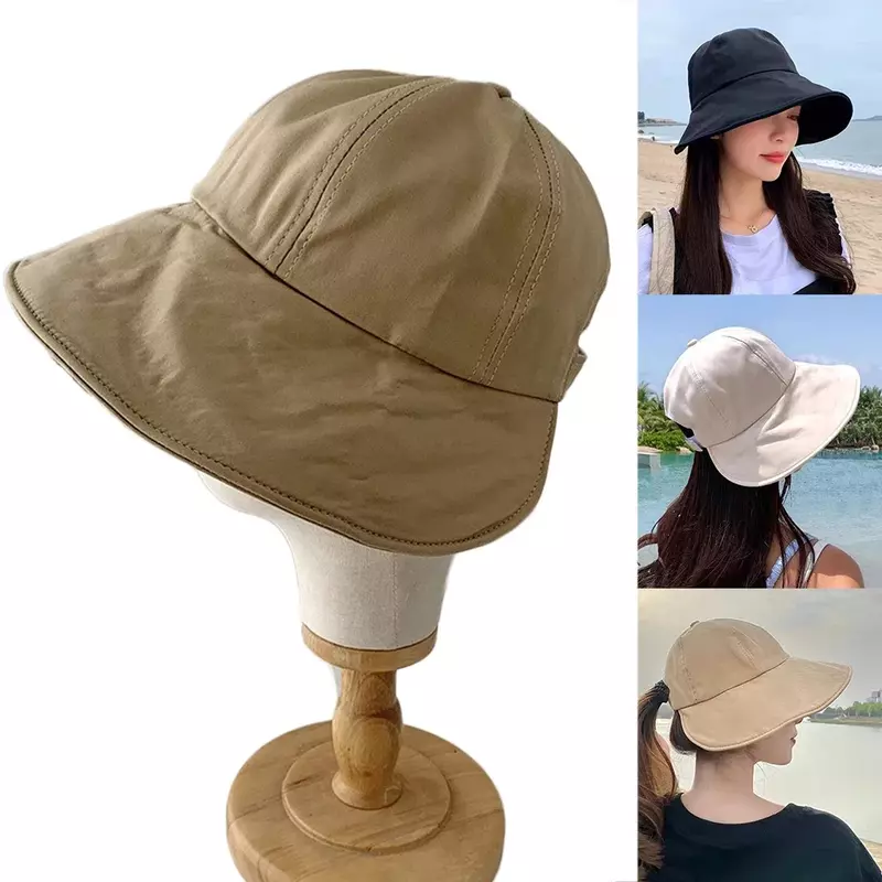 2024 nuove donne cappello da sole a tesa larga cappello da pescatore in cotone con protezione solare pieghevole può legare la coda di cavallo berretto con visiera da ciclismo estivo all'aperto