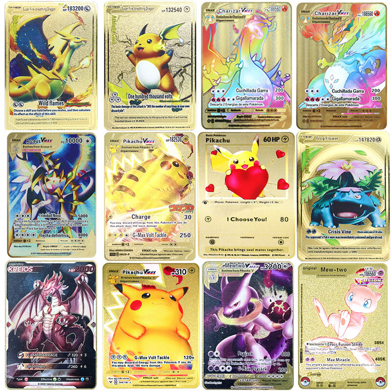 Tarjeta de Pokémon Raichu Super Golden Metal, tarjeta en inglés, juego de Anime Mewtwo Vmax Mega, regalo de colección, 183200 puntos, HP Charizard