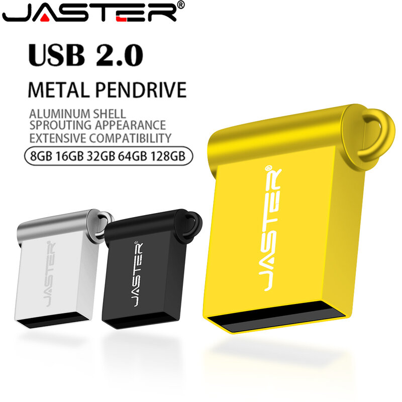 JASTER-Mini Metal USB Flash Drive, 64GB, Gold Pen Drive, 32GB, Free Keychain, Memory Stick, 16GB, Unidade Externa, Presente do negócio, 8G