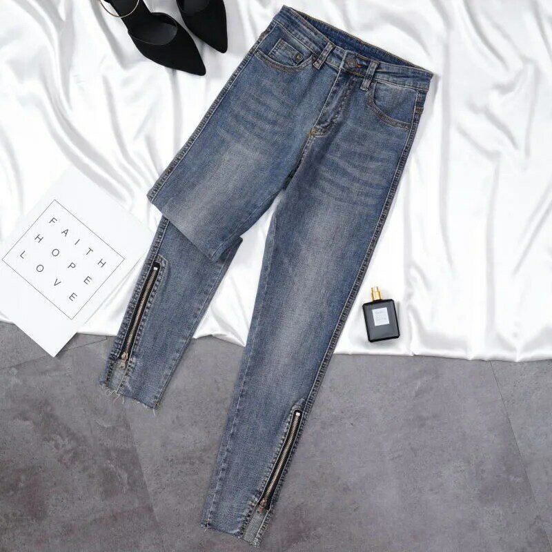 Джинсы-карандаш с завышенной талией в Корейском стиле, женские узкие Винтажные эластичные джинсовые брюки, Повседневная Уличная одежда, облегающие брюки до щиколотки