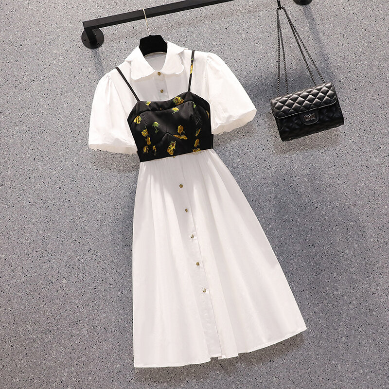 女性用ツーピースシフォンワンピース,白,半袖,ポロシャツの襟,ミディドレス,黒のプリント,夏,2024