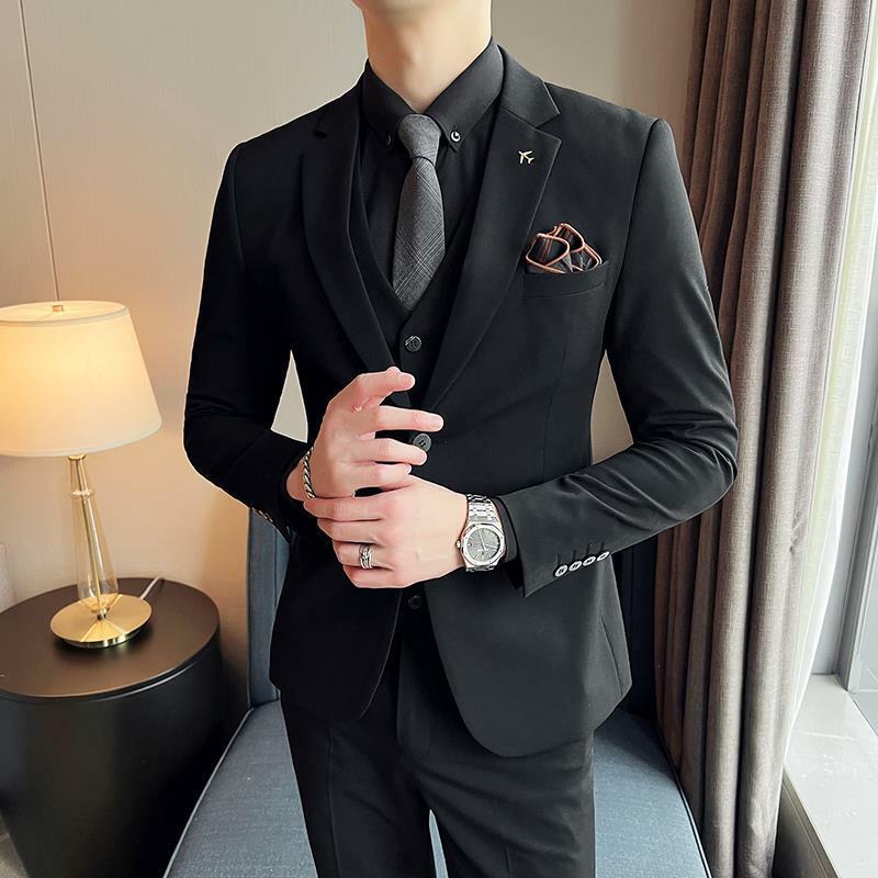 3-B1 Two-button suit, men's high-end dress suit, casual large size slim fit fat man's jacket, groom's suit, three-piece trendy