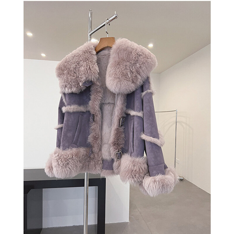 Luxury Women Fur Coat Big Turn Down Woollen Collar Warm Rabbit Fur Purple Jacket Female Fall Winter Versatile Commute Motor Coat