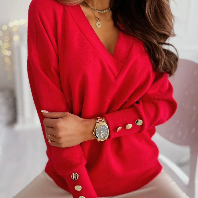 2023 loose Women's Clothing Pullovers Jumpers Spring Autumn New Casual Loose Solid Button V-Neck Long Sleeve for Women Sweaters