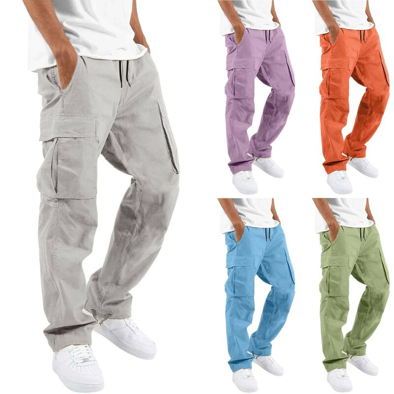 Casual Pockets Solid Color Loose Straight Cargo Pants Men 2024 Summer Fashion Streetwear Men'S Trousers Summer Leisure Long Pant