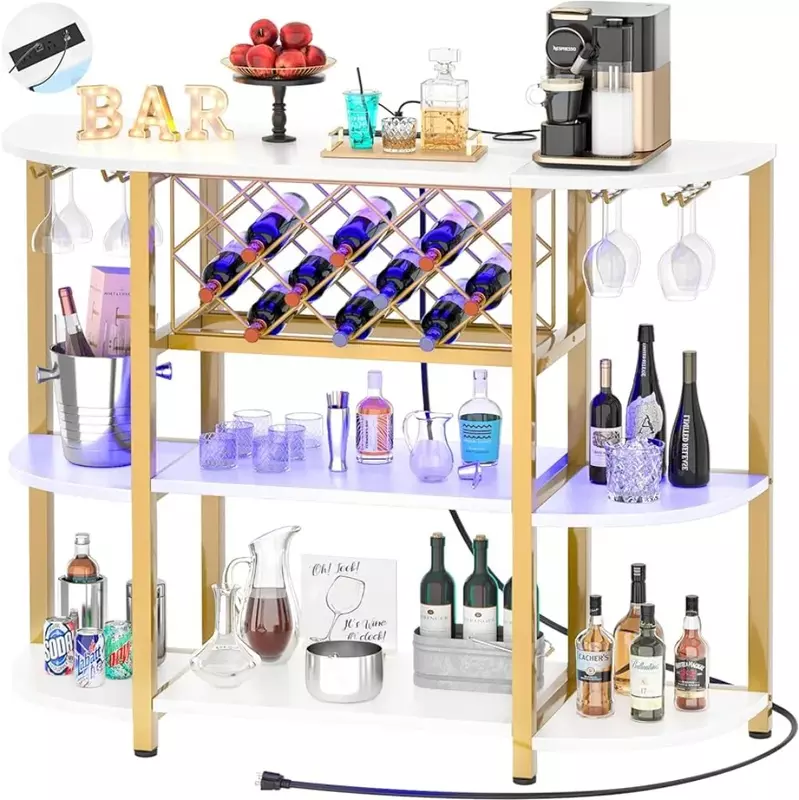 4-Tier Metal Coffee Bar Cabinet with Outlet and LED Light, Freestanding Floor Bar Table for Liquor