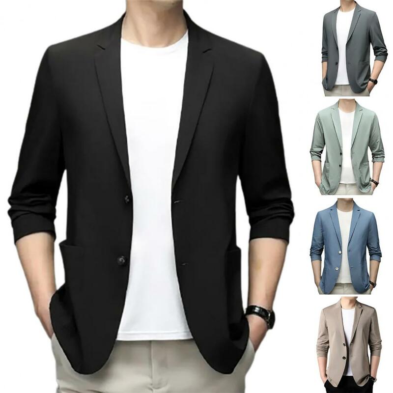 Casaco de terno formal masculino, lapela, mangas compridas, botões duplos, bolsos retos, cardigan, jaqueta fina, solta, verão