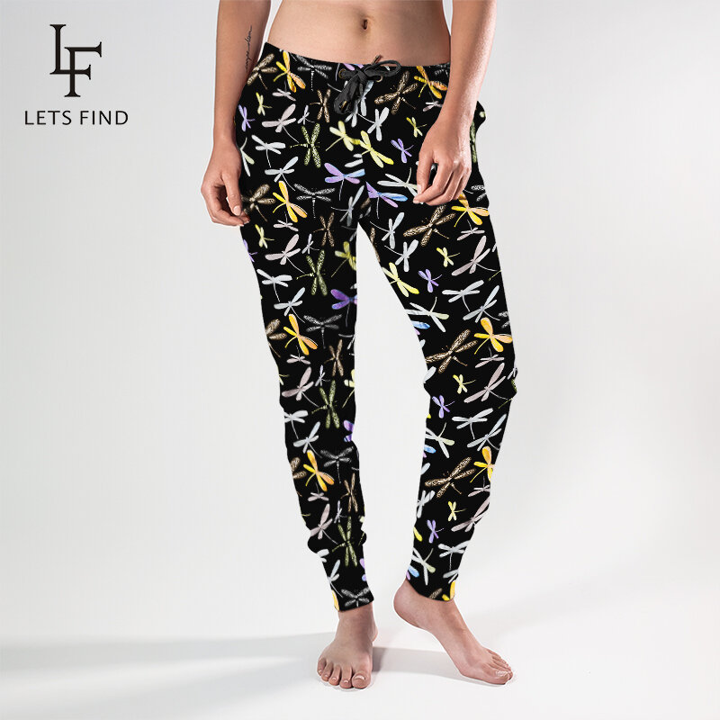 LETSFIND – pantalon de jogging pour femmes, de haute qualité, imprimé libellule 3D, avec poches, décontracté, doux, extensible, Streetwear