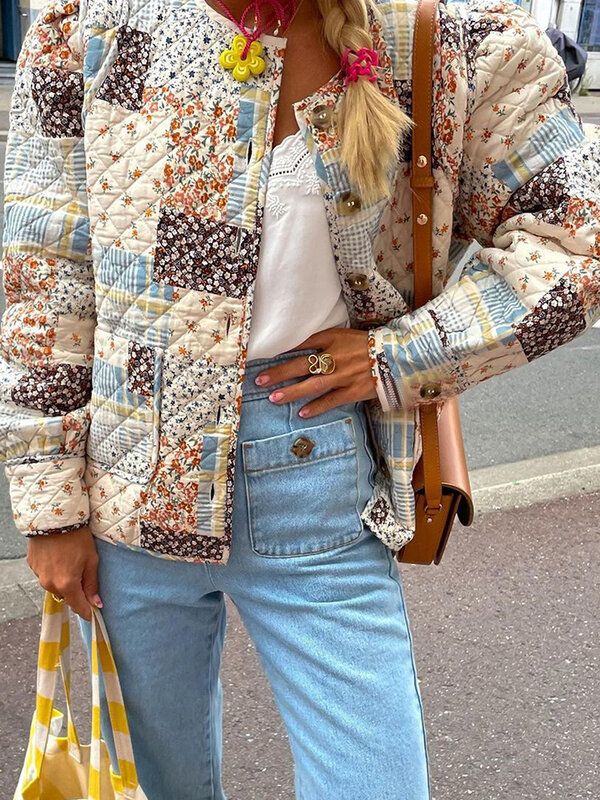 Giacca trapuntata autunnale da donna Cardigan con bottoni Casual a maniche lunghe con stampa floreale leggera per capispalla Streetwear