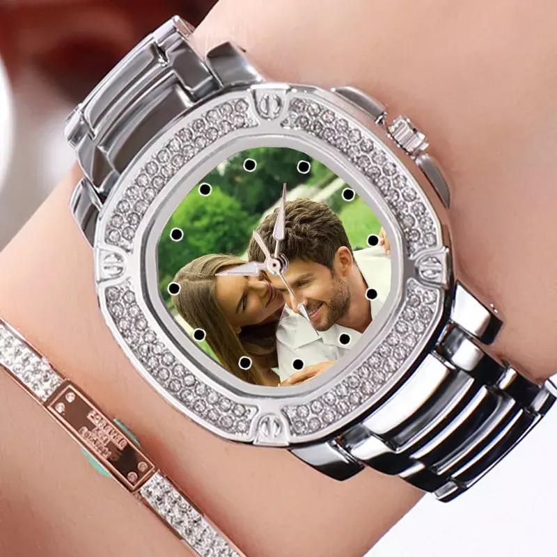 Relógio de strass cor de ouro, foto personalizada feminina, relógio de pulso, imagem impressa, relógio personalizado, presente DIY para menina