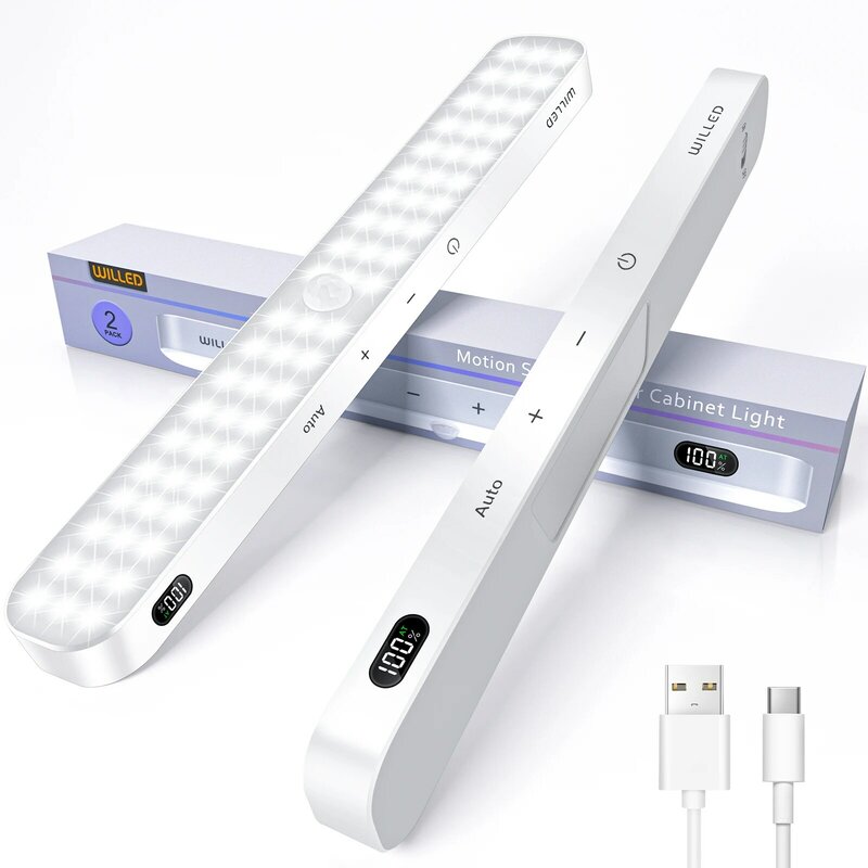 WILLED lampu kabinet Sensor gerak, lampu malam nirkabel dapat diisi ulang dengan baterai 60 LED, Bar lampu sentuh