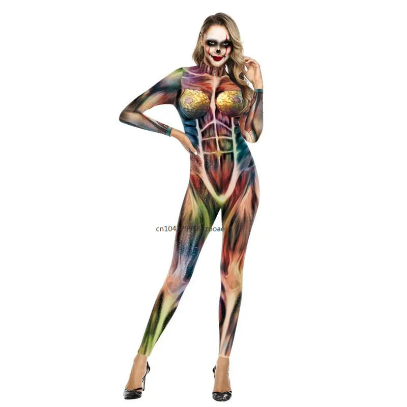 Halloween Skeleton Muscle Printed Cosplay Costume Fashion Long Sleeve Spandex Bodysuit Stretch Partywear Zentai Catsuit