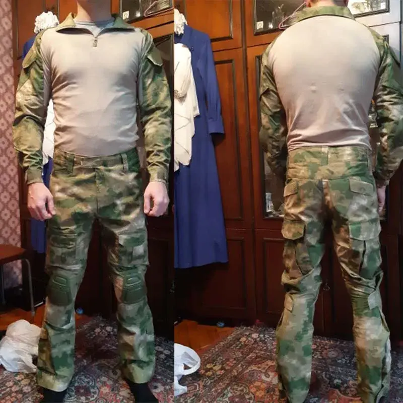 Camicie tattiche uniformi all'aperto abbigliamento impermeabile top Multicam Camouflage tute da caccia pantaloni + imbottiture t-shirt traspirante
