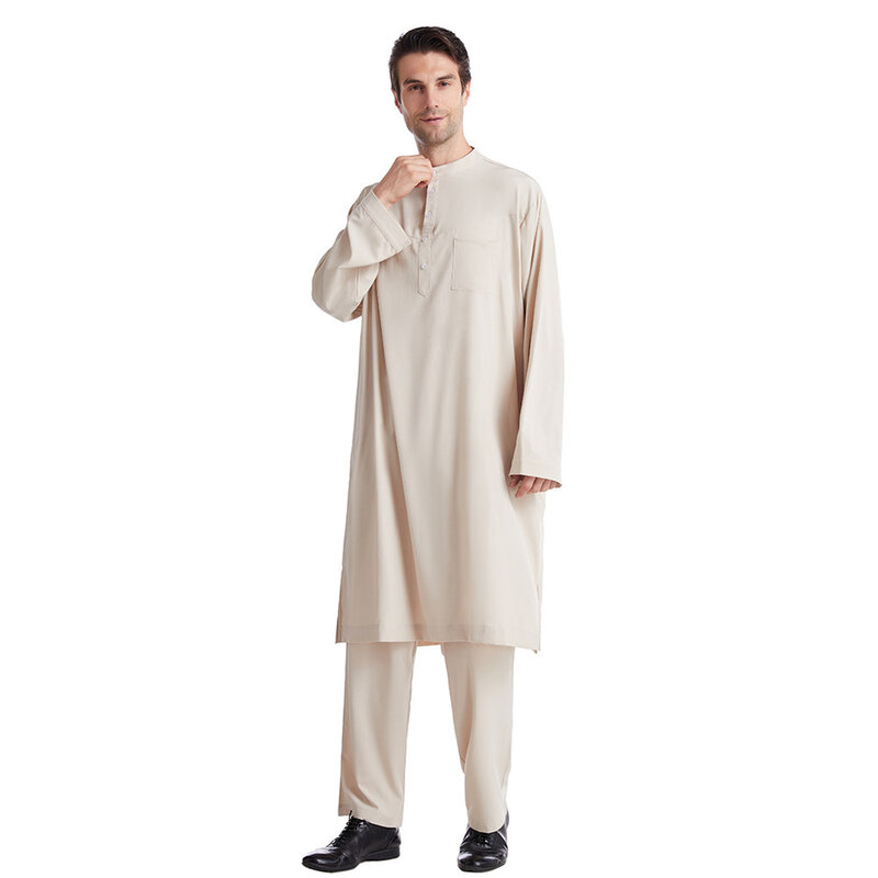 Setelan baju pria Kaftan Dubai, 2 potong, jubah Muslim Arab, Set celana panjang, Gaun Abaya, pakaian pria