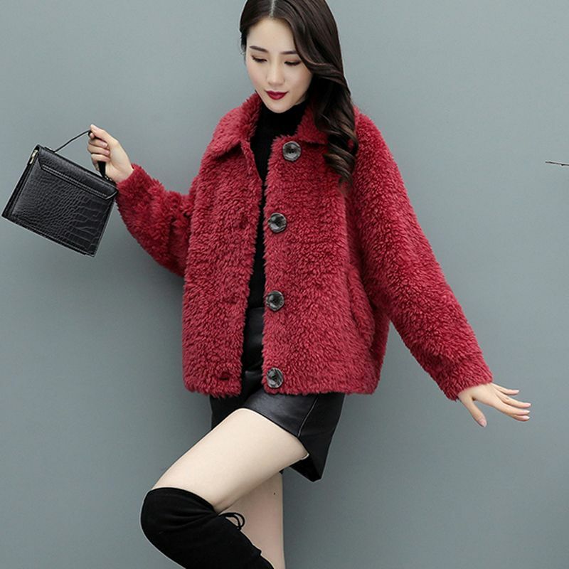 Mantel kulit terintegrasi bulu untuk wanita, mantel bulu domba imitasi musim gugur musim dingin untuk wanita, mantel pas longgar Korea pendek