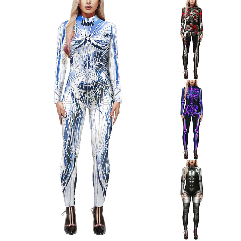 Women's Role-Playing Bodysuit Sexy 3D Printed COS Clothing For Women Round Neck Long Sleeved Long Pant Tight Fitting Jumpsuit