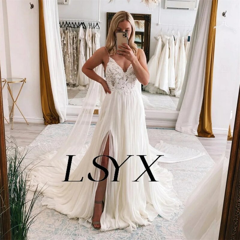 LSYX V-Neck Sleeveless Spaghetti Straps Appliques A-Line Chiffon Wedding Dress Open Back High Side Slit Bridal Gown Custom Made