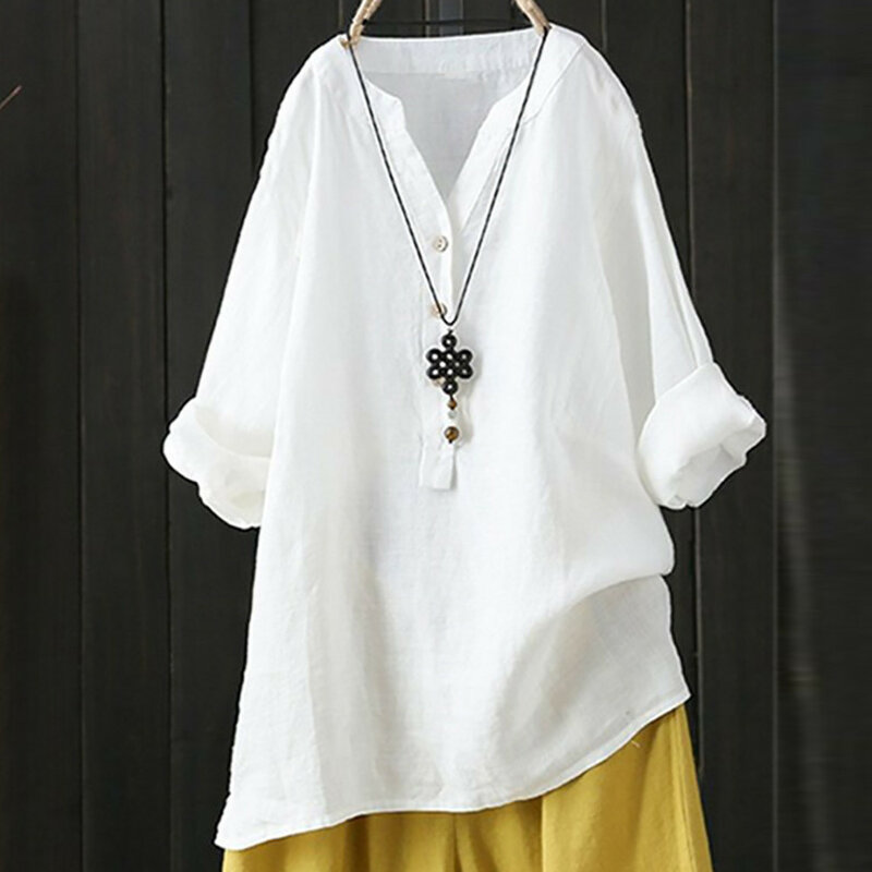 Blusa extragrande de manga comprida de algodão feminino, camisa vintage elegante de botão, camisa casual solta, plus size, verão, 2024