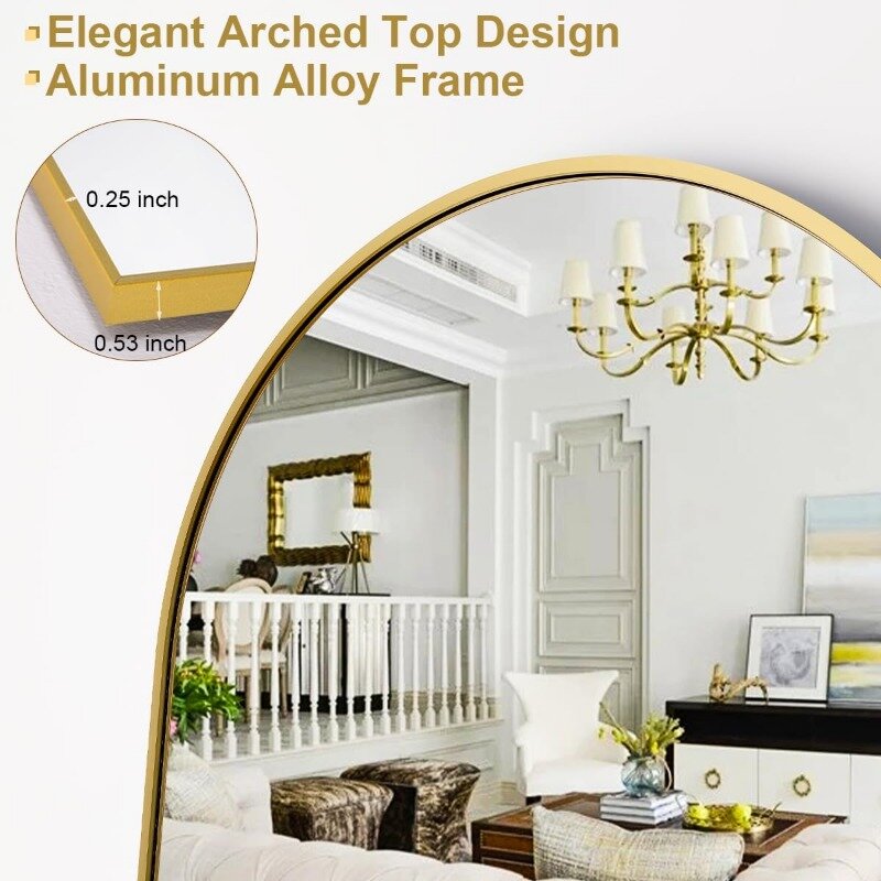 Miroir pleine longueur avec cadre en aluminium doré, miroir autoportant, miroir inclinable, décoration en arc moderne, 76 po x 34 po