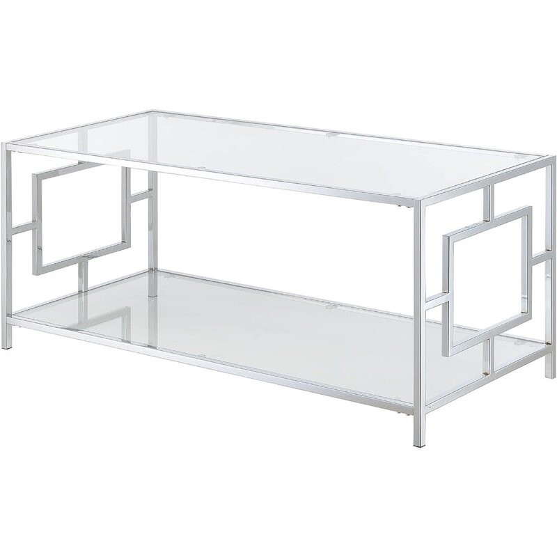 Town Square Chrome Coffee Table with Shelf, Side Table, Chairs Glass and Chrome Center Tables, Living Room Furniture,Dining Room