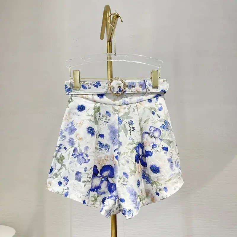 2024 White Blue Floral Print Lantern Sleeve Stand Collar Lace Up Bow Blouse Tops and Belt Pure Linen Shorts Sets for Women