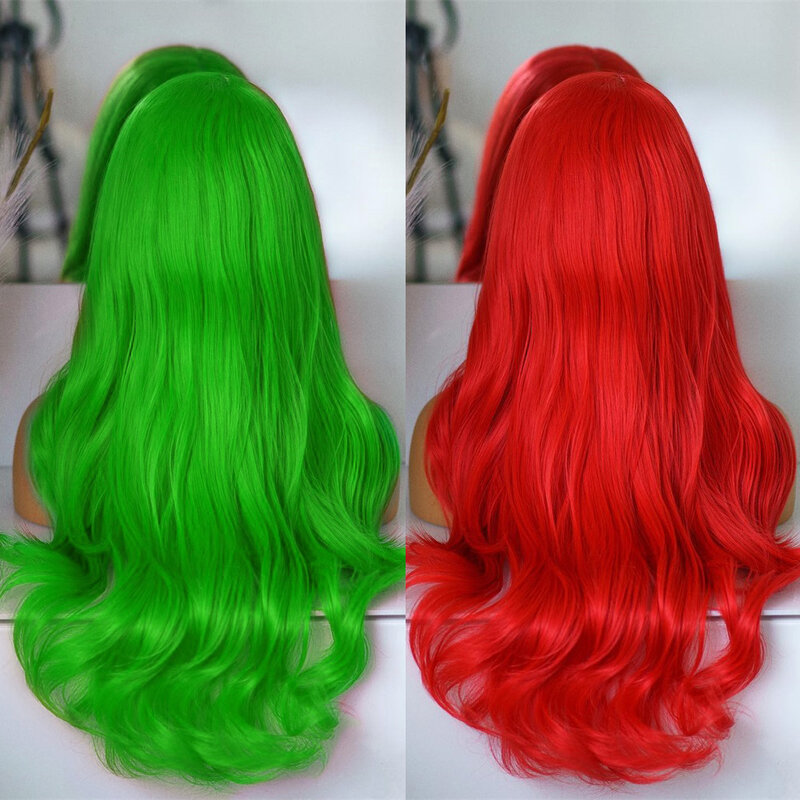 Diniwigs Long Natural Wave Synthetic Lace Front Wigs for Women Green/Red Wavy Synthetic Wig with Middle Part Heat Fiber Hair Cos