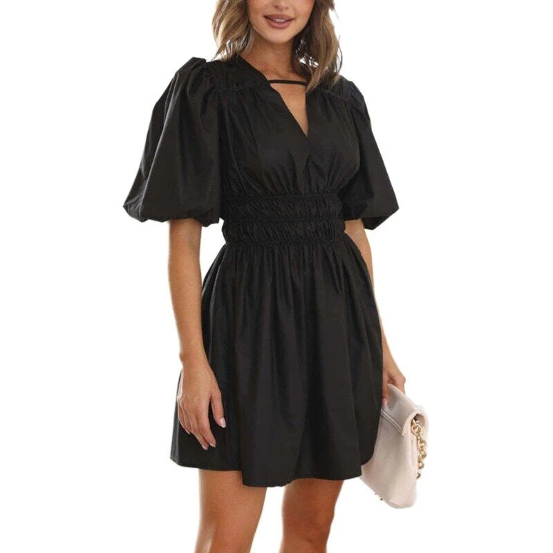 N7YD Women's Summer V Neck Short Puff Sleeve Mini Dress  Smocked Waist Short Dress Dopamine Wear A line Dress Gifts