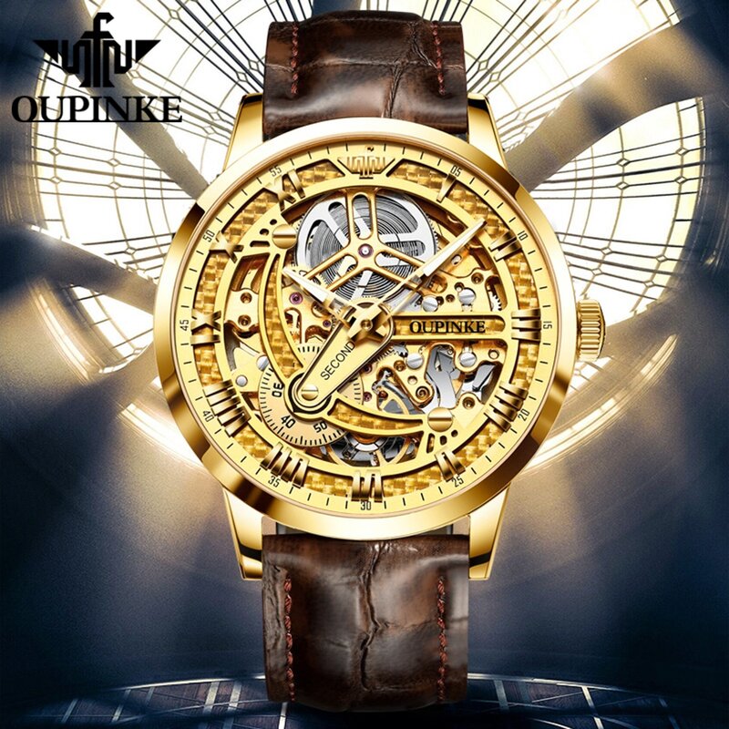 Oupinke-男性用の完全自動機械式時計,発光,防水,オリジナルのゴールド時計,素晴らしい価格のリダクション,ブランド