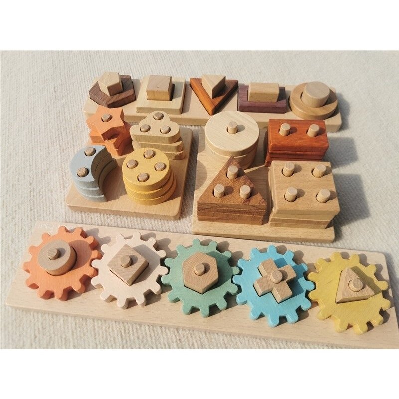 Montessori Toys Pastel Wooden Stacking Geometric Gear Building Blocks Moons Stars for Kids Early Learning