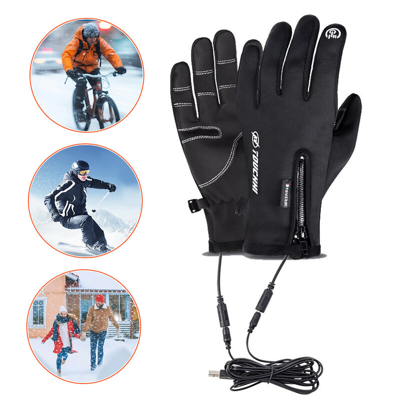 Luvas aquecidas e à prova de vento para homens e mulheres, USB, Tela sensível ao toque, Esqui, Ciclismo, Corrida, Dirigir, Caminhada, Inverno