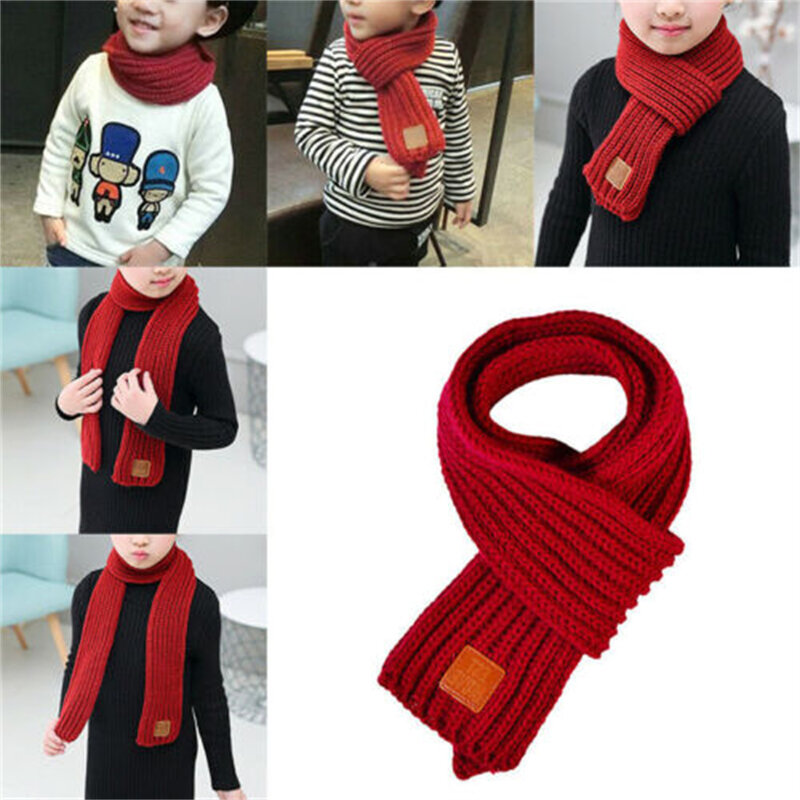 2023 Winter Children Colors Soft Knitting Wool Thermal Scarf Boys Girls Lovely Outdoor Warmer Scarf Kids Solid Labelled Scarf
