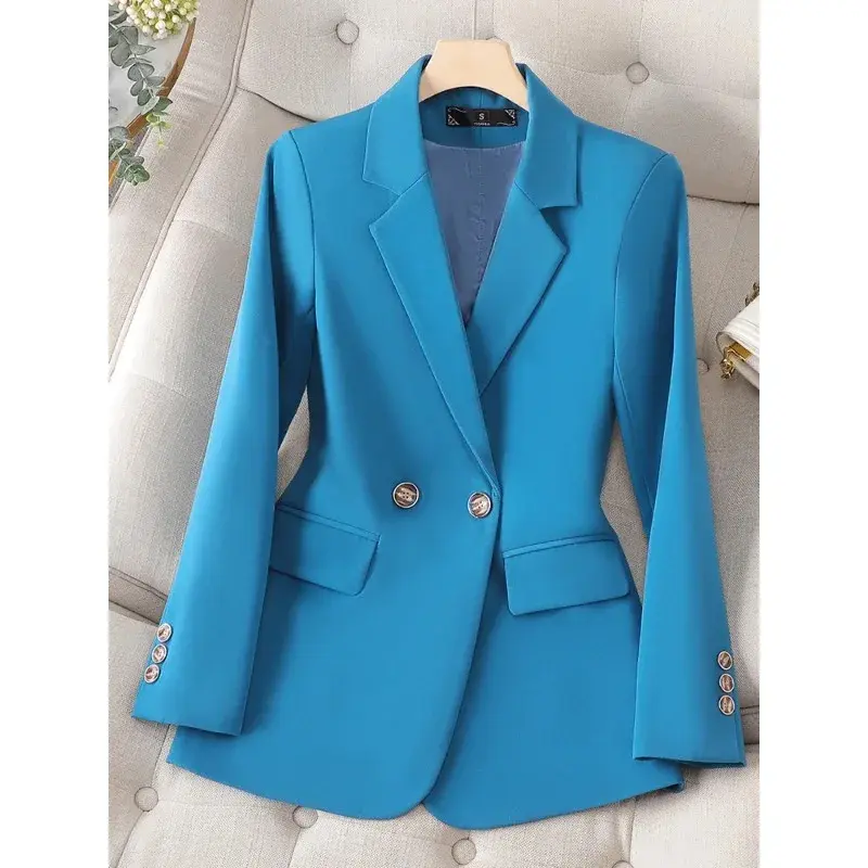 Fashion musim gugur musim dingin kantor wanita Blazer wanita kopi hitam biru wanita lengan panjang Single Breasted Formal jaket