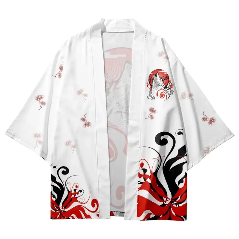 Японское модное кимоно с принтом волка, Самурайское летнее повседневное пляжное кимоно, белый юката для женщин и мужчин, топы для косплея, хаори, азиатская одежда