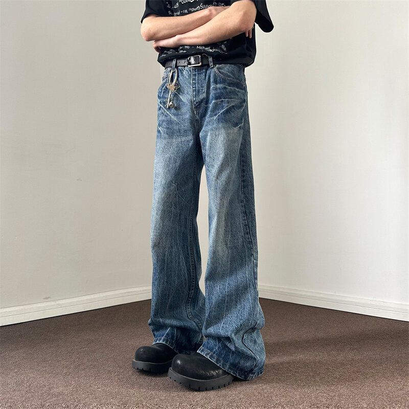 กางเกงเทรนด์ไฮสตรีทแบบลำลองทรงหลวมแนวสตรีทกางเกงยีนส์แต่งลายขาดๆ2024แบบอเมริกัน
